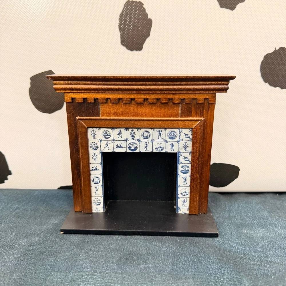 Vintage 1:12 Dollhouse Miniature Wood Fireplace Faux Delft Paper Tile Surround